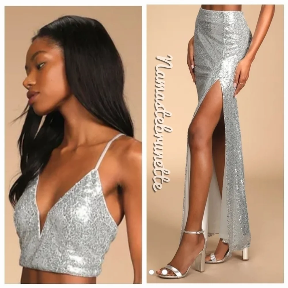 Nwt Lulu's Spotlights Shining Silver Sequin Two-Piece Maxi Dress - Picture 8 of 14